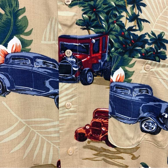 Vintage Hawaiian Shirt Size XL Classic Cars Palm Tree Short Sleeve Puritan Beige - Picture 4 of 9